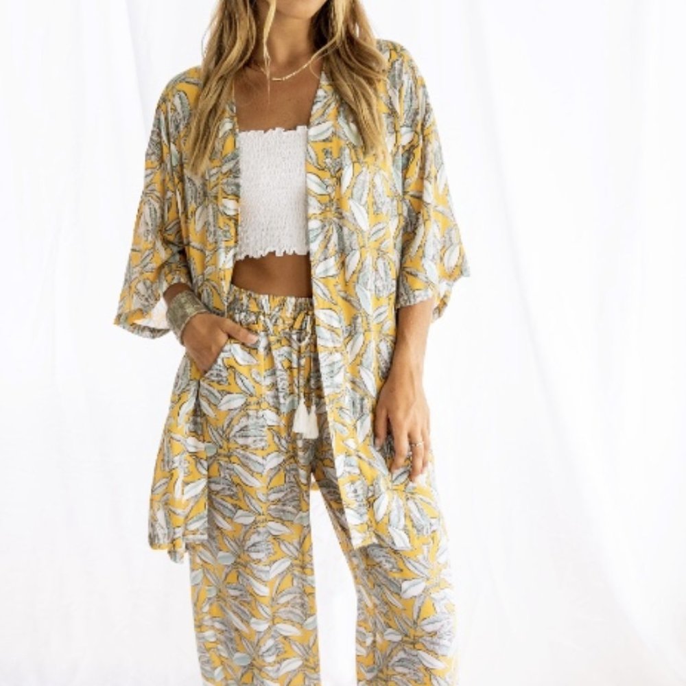 Wide Leg Floral Print Pants - Yellow